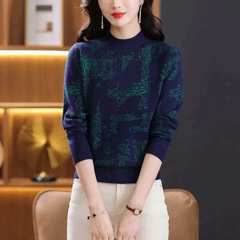 New Autumn/Winter Fashion Korean Edition Colorblock Jacquard Half High Neck Loose Versatile Slim Women\'s Long Sleeve Sweater