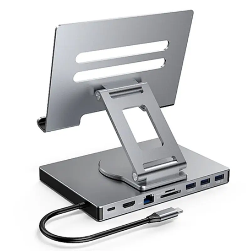 

YSS-9 In 1 USB C Hub With 360° Rotating Stand -Compatible 4K60hz PD 100W USB 5Gbps SD TF Aux 3.5Mm For Ipad Pro Tablet