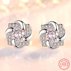 Orecchini a bottone con fiore alla moda in argento Sterling massiccio 925 con zirconi di cristallo per donna nuovo XY0299