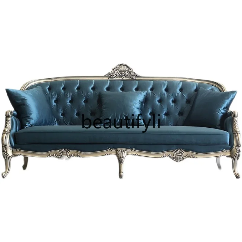 A38 American solid wood carving flower fabric buckle three-person sofa French retro designer sofa