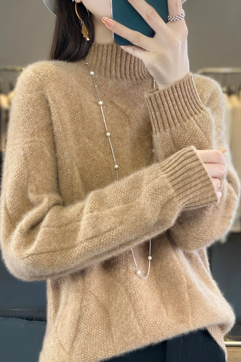 

Thick Cable Stitch 100% Merino Wool Knitwear Women's Pullovers Sweater Simple Chic Comfort Mock Neck Soft Warm Casual Tops