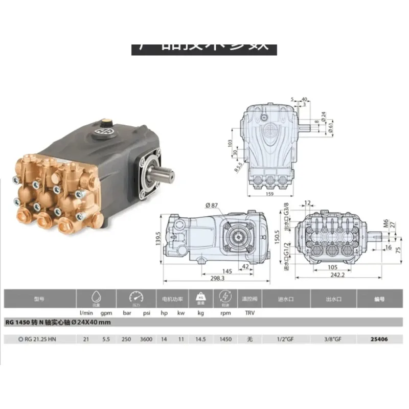 RG21.25 Outer Shaft 24mm AR High Pressure Plunger Pump 21L/Min 250Bar