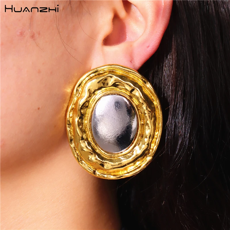 HUANZHI Oval Large Heavy Earrings European American Exaggerated Gold Silver Color Chunky Metal Trendy Vintage Jewelry New