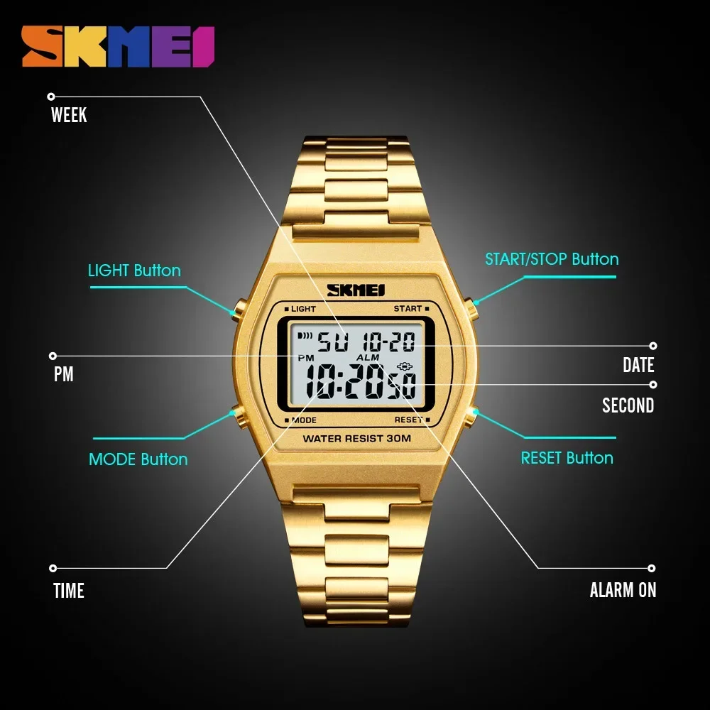 SKMEI 1328 Outdoor Sport Luxury Digital Wristwatch Alloy Strap Business Watches 12/24 hours Relogio Masculino Men Fashion Watch