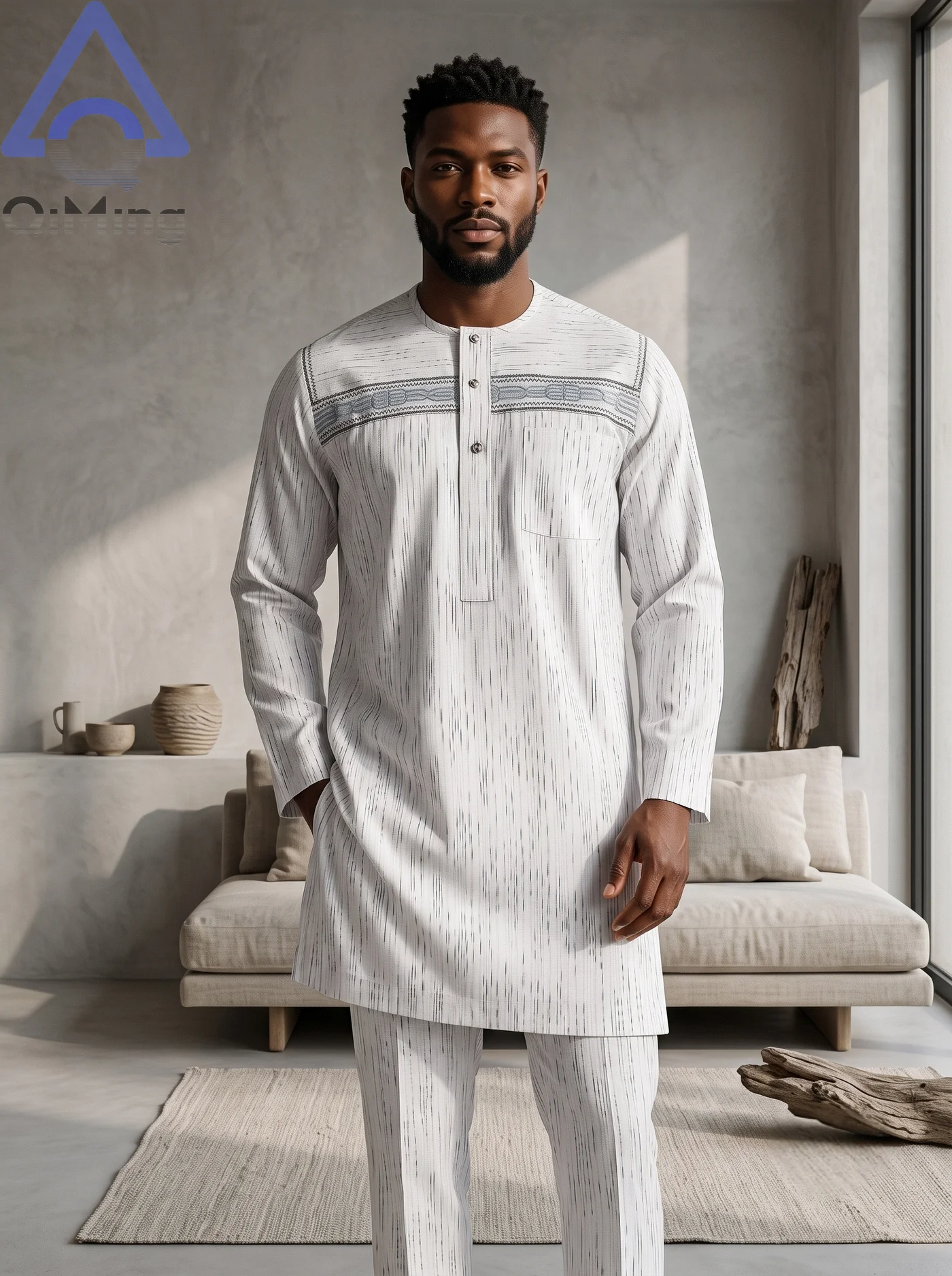 QiMing Muslim Men's 2 Piece Set Embroidered Striped Kurta Pajama Outfit Kaftan Tunic Suit Casual Ethnic Wear Pant For Eid Daily
