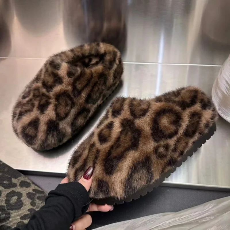 Leopard Platform Fur Slippers Women Home Cotton Shoes Winter Warm Casual Plush Mules 2024 Trend Flip Flop Woman Snow Botas Mujer