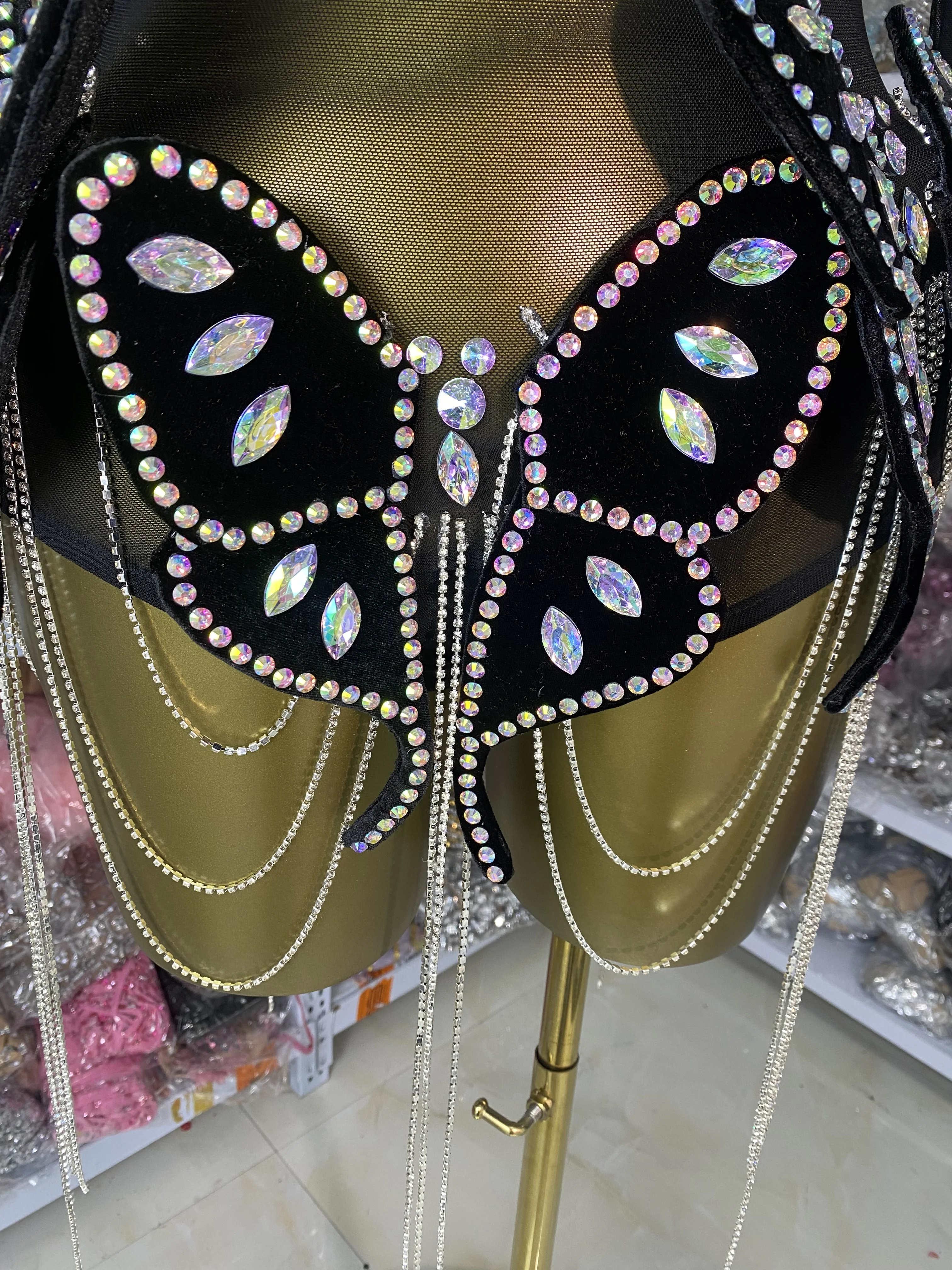 Sexy transparente strass borla malha bodysuit para mulheres festa de halloween borboleta cosplay traje bar cantor mostrar palco wear