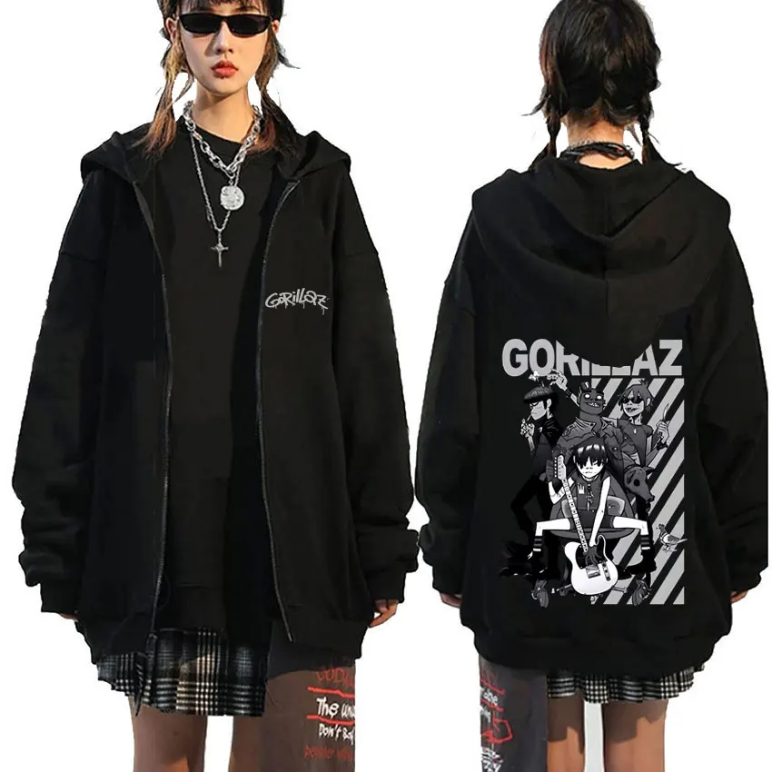 

Limited Rock Band Gorillaz Print Zipper Hoodie Men Women Hip Hop Gothic Oversized Zip Up Jacket Men's Casual Vintage Streetwear
