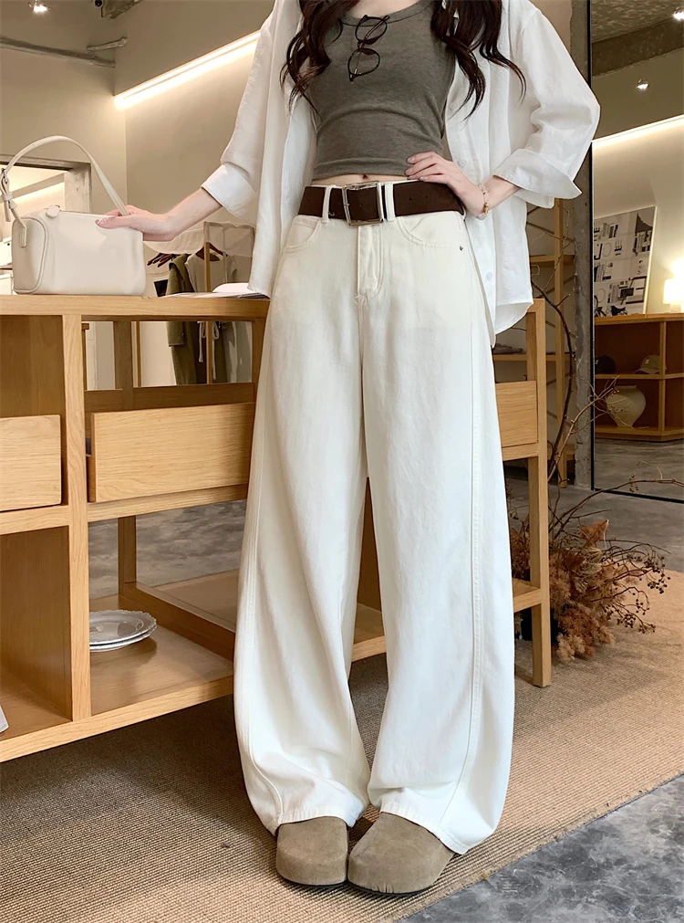 하이웨이스트 와이드 레그 진 여성 캐주얼 다용도 루즈핏 스트레이트 컷 나이프 팬츠 한국 스타일 봄 가을 겨울