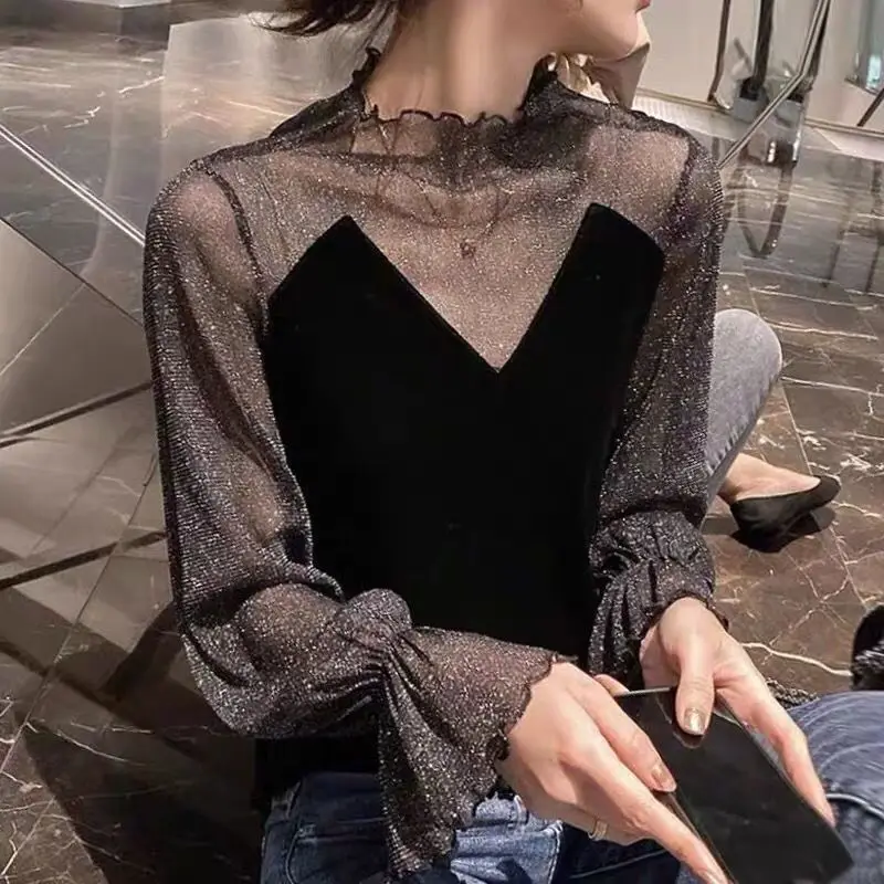 Fashion Chiffon Flared Sleeves Mesh Spliced Knit Pullover Slim Hollow Out Long Sleeve Shirts Bottom Top All-Match Trend Tshirt