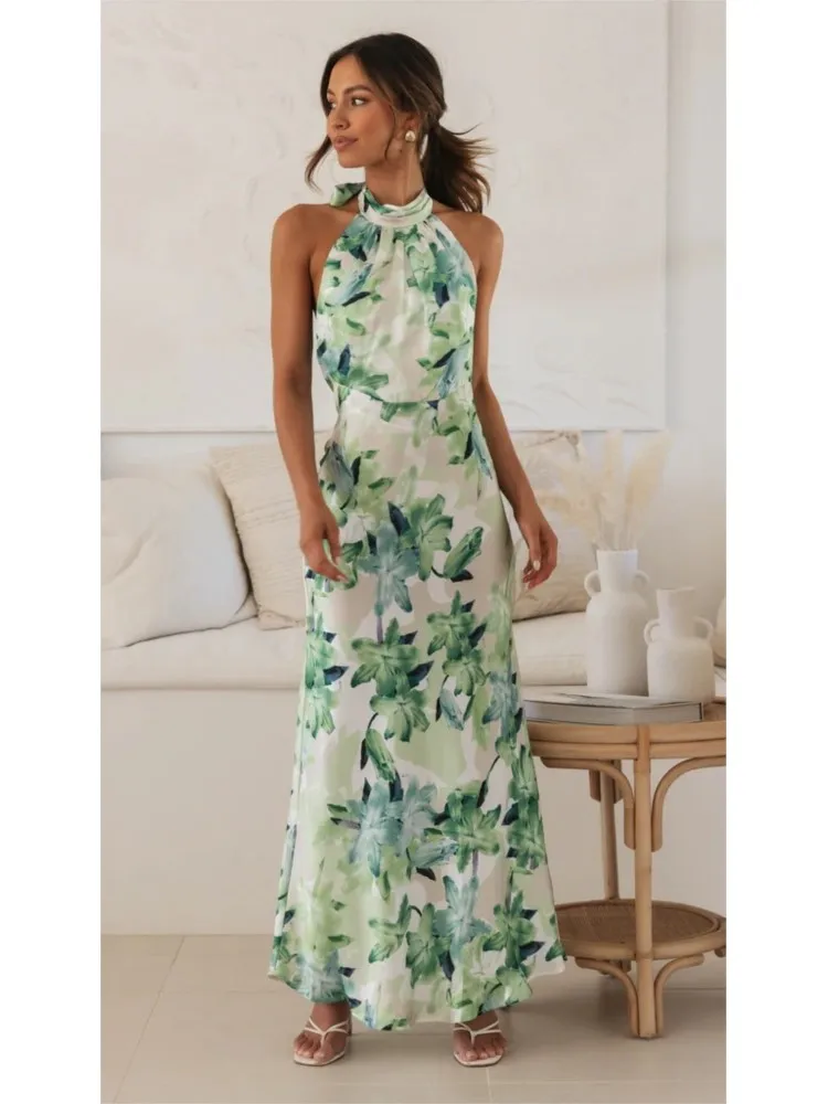 

New Flower Printed Halter Neck Leace-up Slim Long Dresses Women Fashion Backless Elegant Lady Bodycon Party Dress 2026 Vestidos