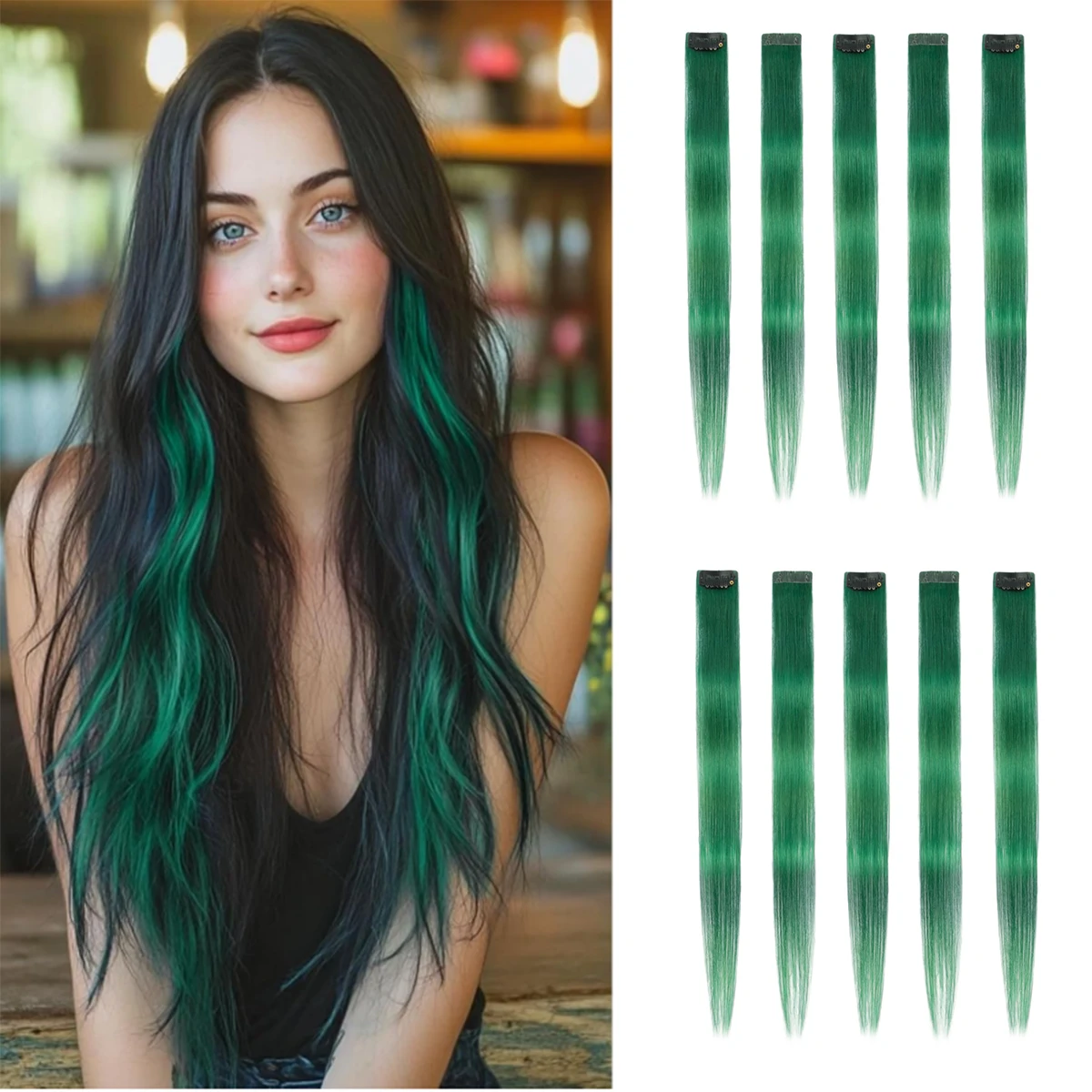 

16 inch Rainbow Clip in Hair Extensions Long Straight Synthetic Human Hair Blend Highlights for Women and Kids (1/6/12 pc Set)