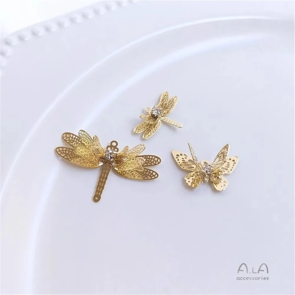 

Copper 14K Real Gold Color Preservation Inlaid Zircon Butterfly Dragonfly Pendant Diy Handmade Ear Ornament Hairpin Pendant