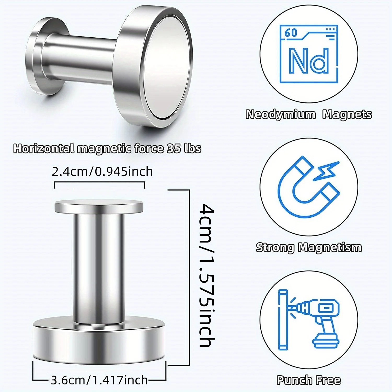 Magnetic Hooks - Neodymium Heavy Duty Round Metal Pack for Hanging Bags and Outerwear, Powerful Circular Push Pin Style