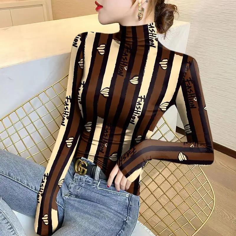 Women\'s Casual Half High Neck Letter Bottom T-shirt Autumn and Winter Long Sleeve Printing Striped Slim Commute Pullovers Tops