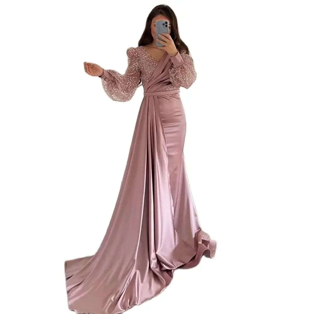 

Shiny Romantic Modern Evening Dress Long Luxury V-Neck Zipper Puff Sleeves Satin Sweep Train Trumpet فساتين سهره فاخرة طويلة