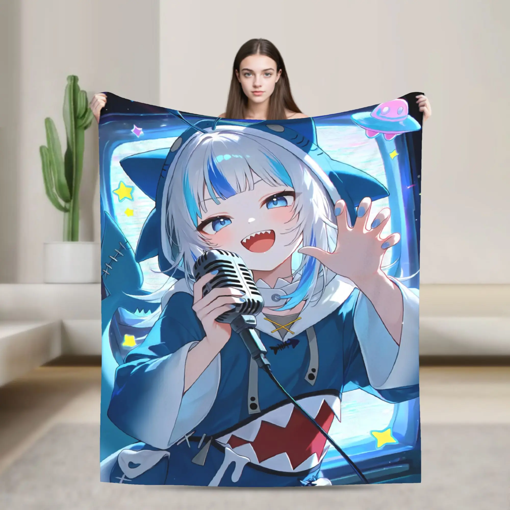 Gawr Gura Singing With Mic Plush Blanket Child  Flannel Throw Blanket For Couch Chair Sofa Bed Soft Warm Bedspread Gift Idea