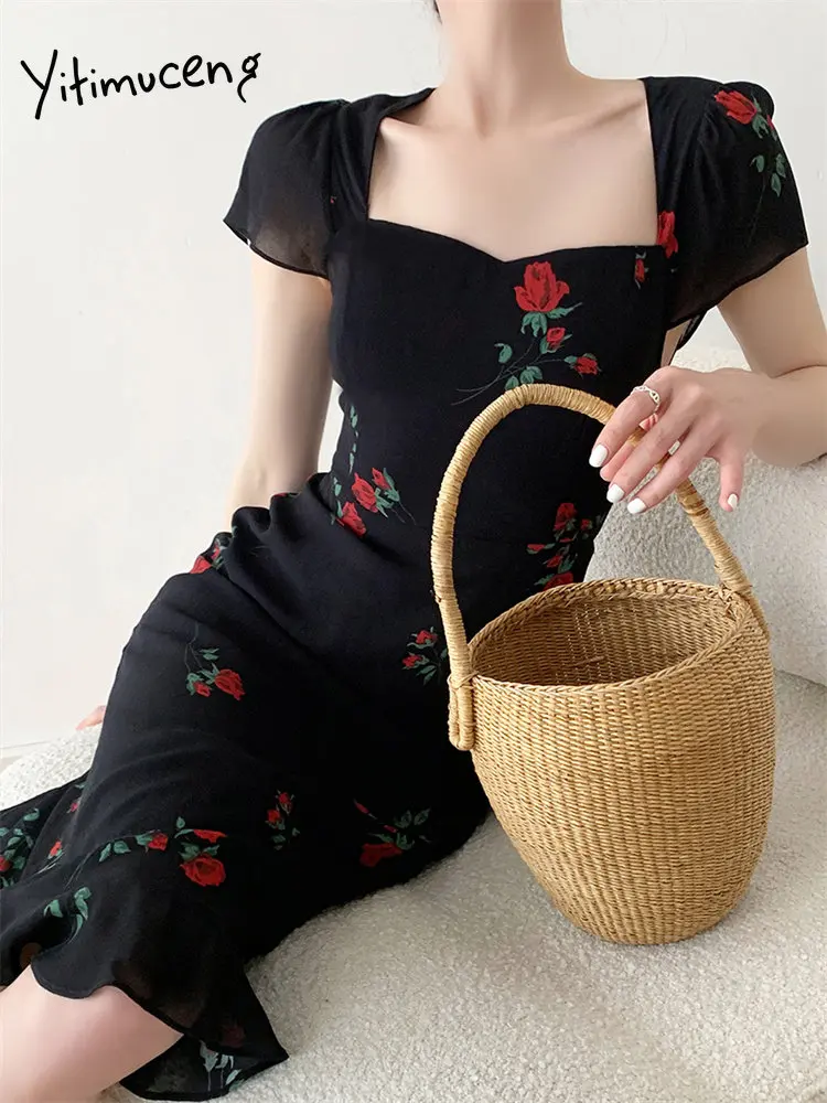 

BabYoung Floral For Women 2023 New Fashion BabYoung Flying Sleeve Square Collar Black Chic Elegant Slim Midi Dress