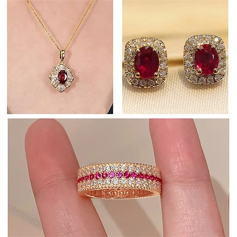 Huitan Gold Color CZ Jewelry Set for Women White Red CZ Pendant Necklace Ring Stud Earrings Engagement Wedding Bridal Party Gift view 4