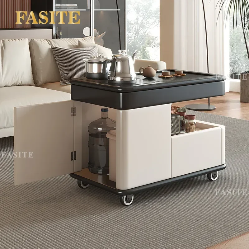 For Living Room Solid Wood Movable Coffee Table with Storage Wood Grain Tea Stone Plate Boiling Water and Tea Integrated Side