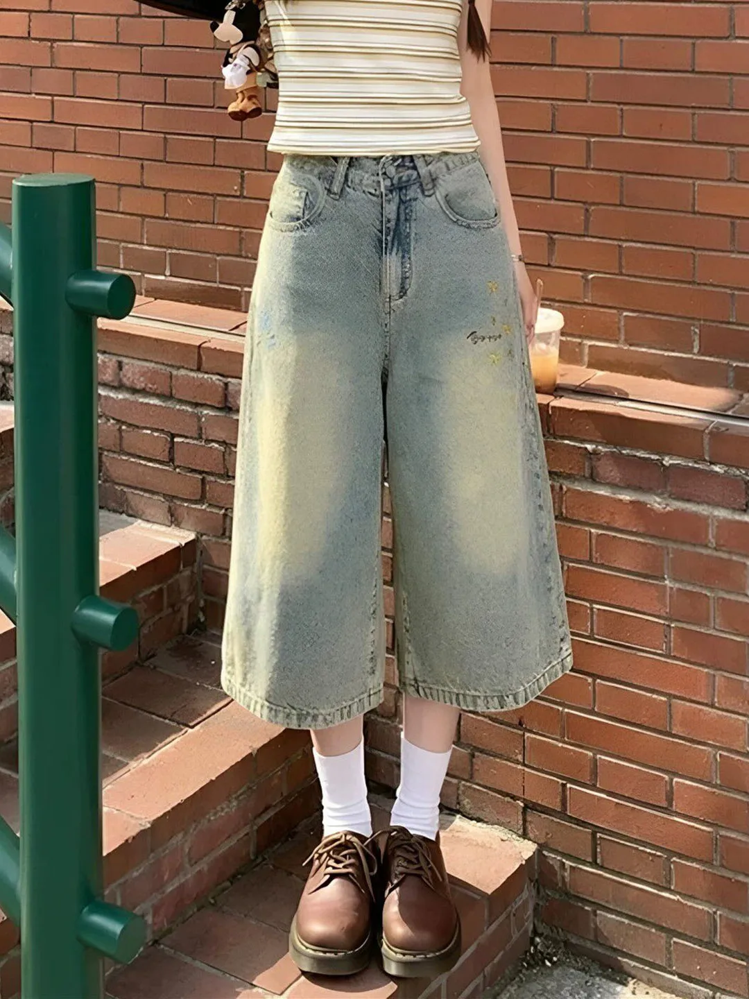 

Washed Denim Embroidered Loose Fit High Waist Wide Leg Jeans Women's Summer Casual Comfortable Breathable Seven-Foot Pants