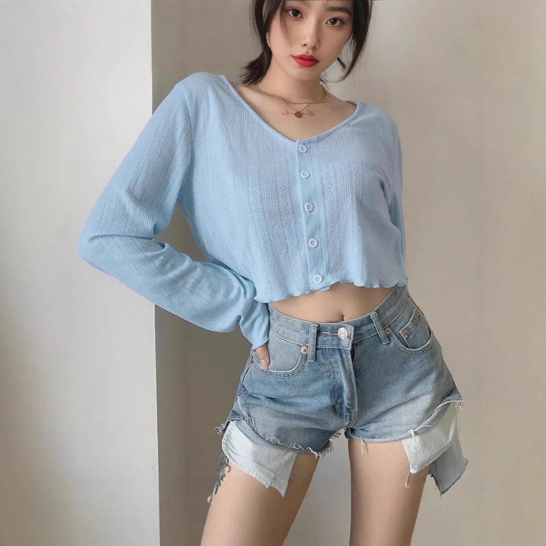 

V-neck Casual T-shirts Women Pure Sexy Long Sleeve Crop Tops Fashion All-match 3-colors Spring Streetwear Thin Hotsweet Females