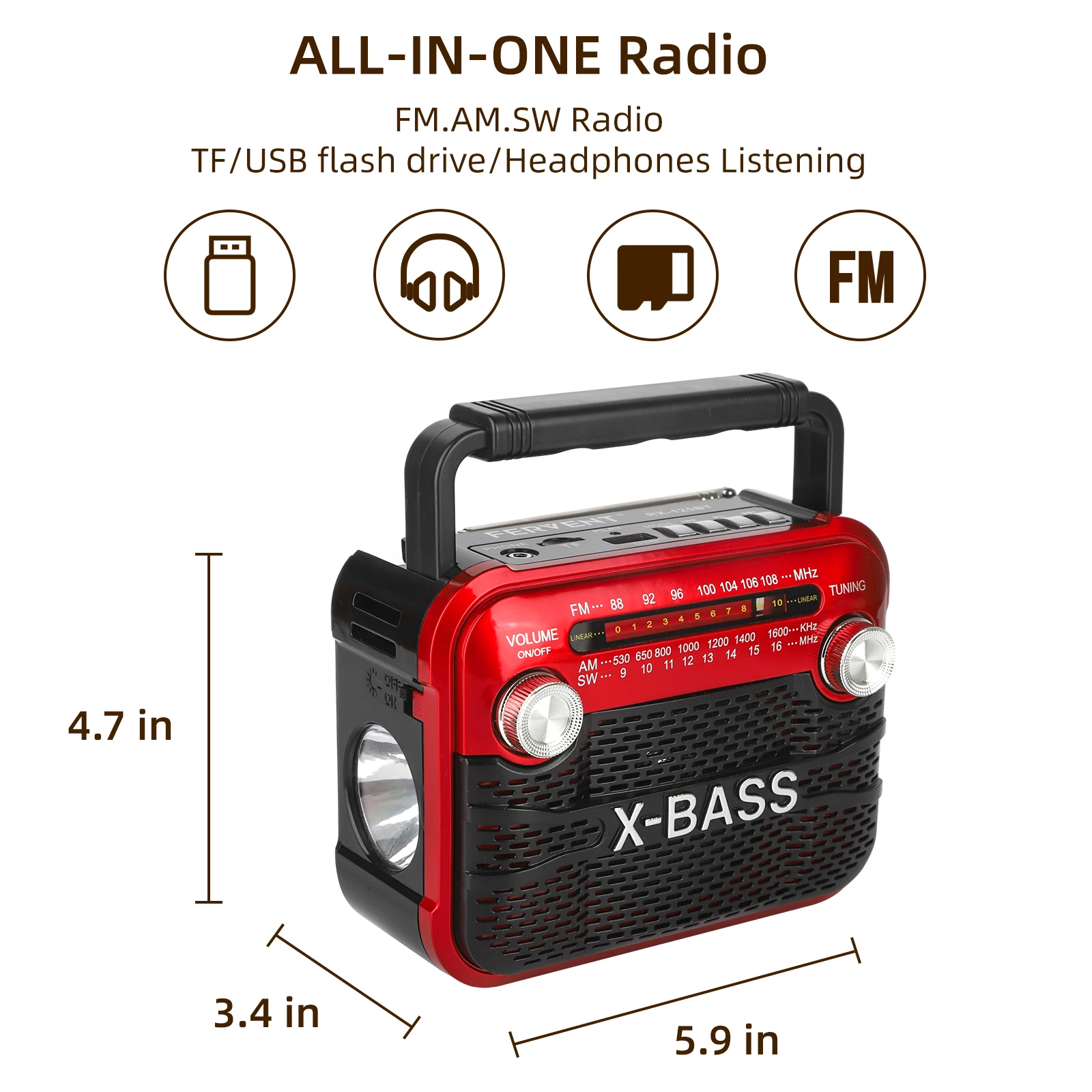 Portable compact FM radio, output 3W FM/AM/SW1-6/USB/TF/BT playback, multi-band household flashlight can be used indoors and out