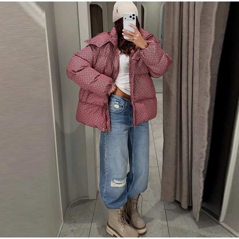 Printed Hooded Padded Coats Women's Loose Zipper Single-breasted Pockets Thicken Coats 2026 New Ladies Winter Fashion Outwear