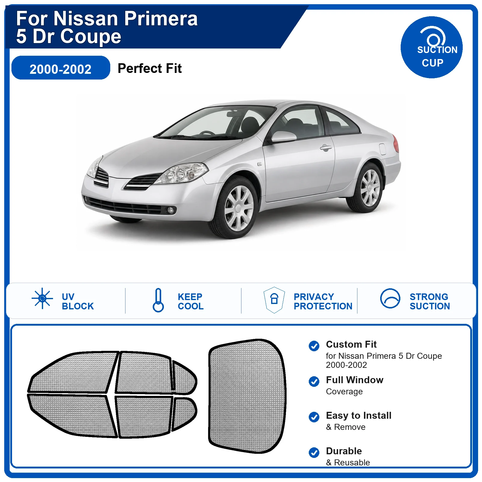 For Nissan Primera 5 Dr Coupe 2000-2002 Custom Full Set Windshield Sun Shade Aluminum Foil Heat Insulation Anti UV Foldable