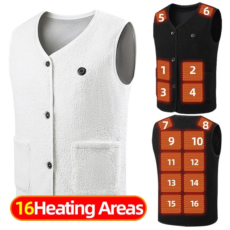 16 Areas Fleece Heated Vest Men USB Rechargeable Electric Self Heating Vest Women Heated Jacket Thermal Hunting Heated Clothes