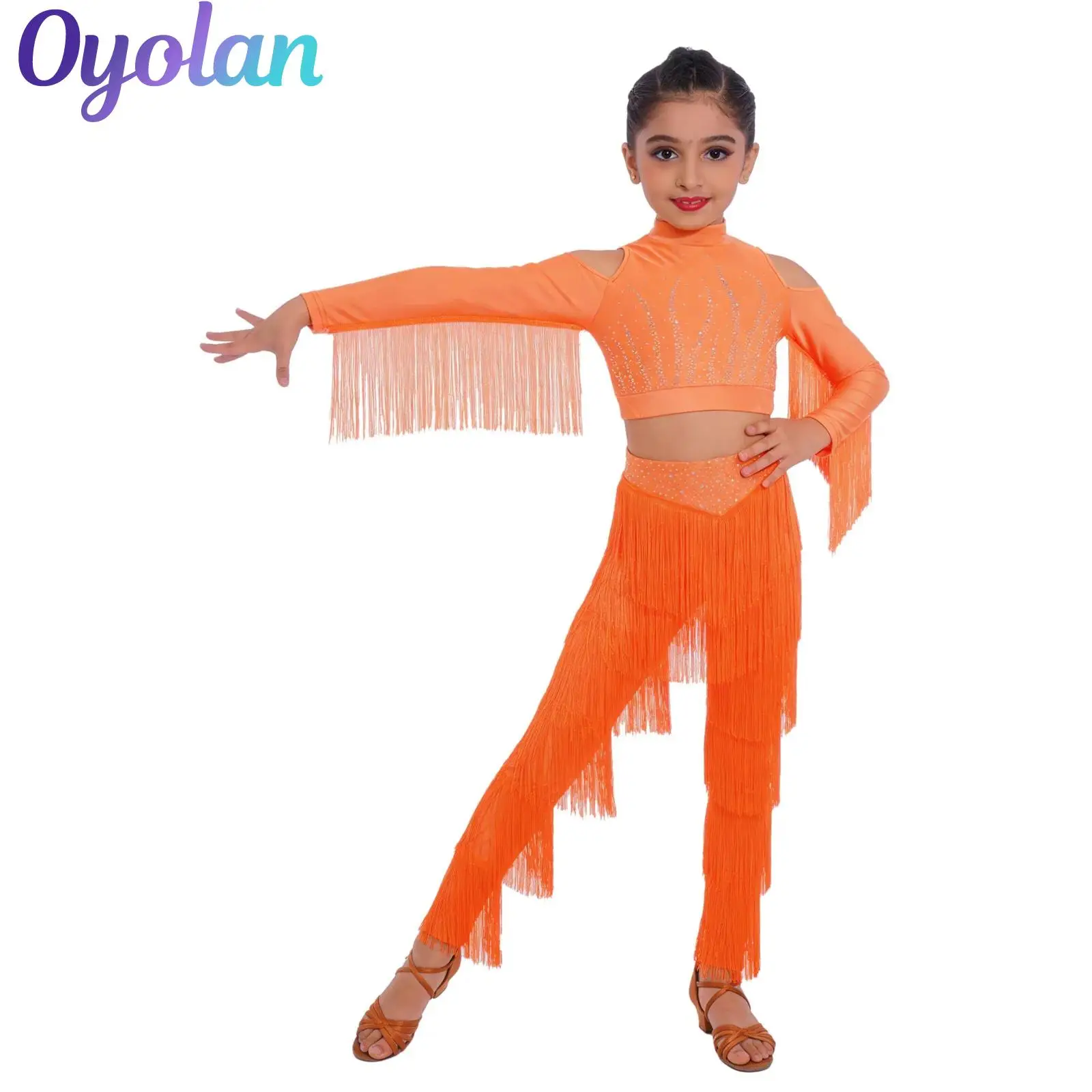 

Kids Girls Shiny Rhinestones Latin Dance Performances Costume Tassels Zipper Crop Top with Tiered Fringe Pants Dance Wear