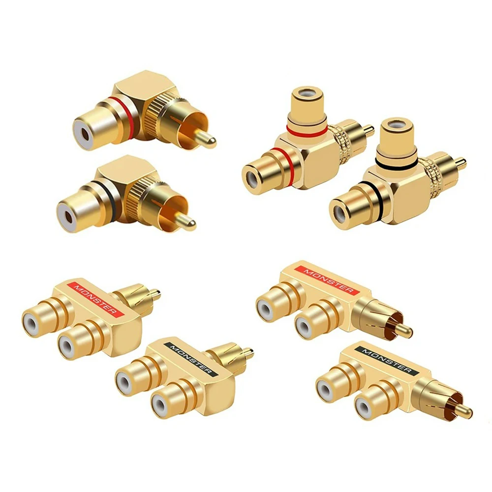1/2 Pair Gold-Plated 90 Degree Right Angle RCA Male to Female Jack Splitter Audio Video TV Adapters Upgrade Metal Connector