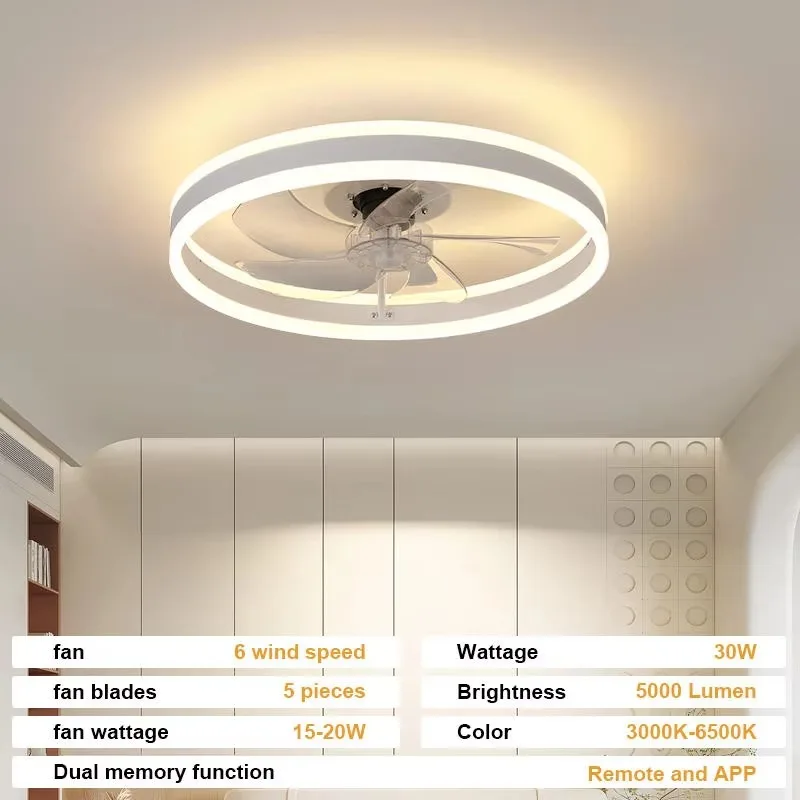 Modern intelligent LED ceiling fan light remote control thin embedded installation 5 blades three colors