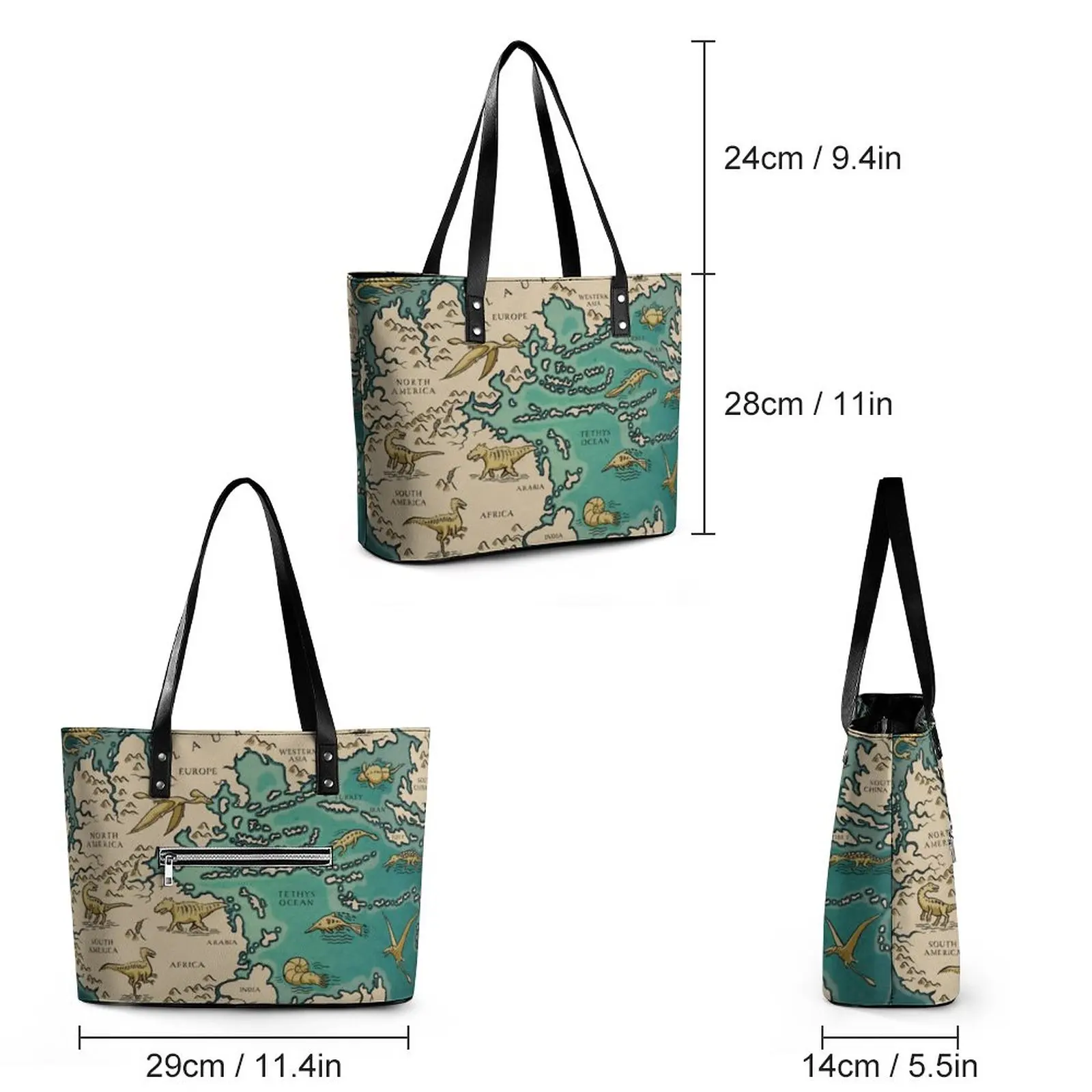 Vintage Map Handbags Supercontinent Pangaea PU Leather Shoulder Bag Lady Work Designer Tote Bag Ziplock Retro Beach Bags