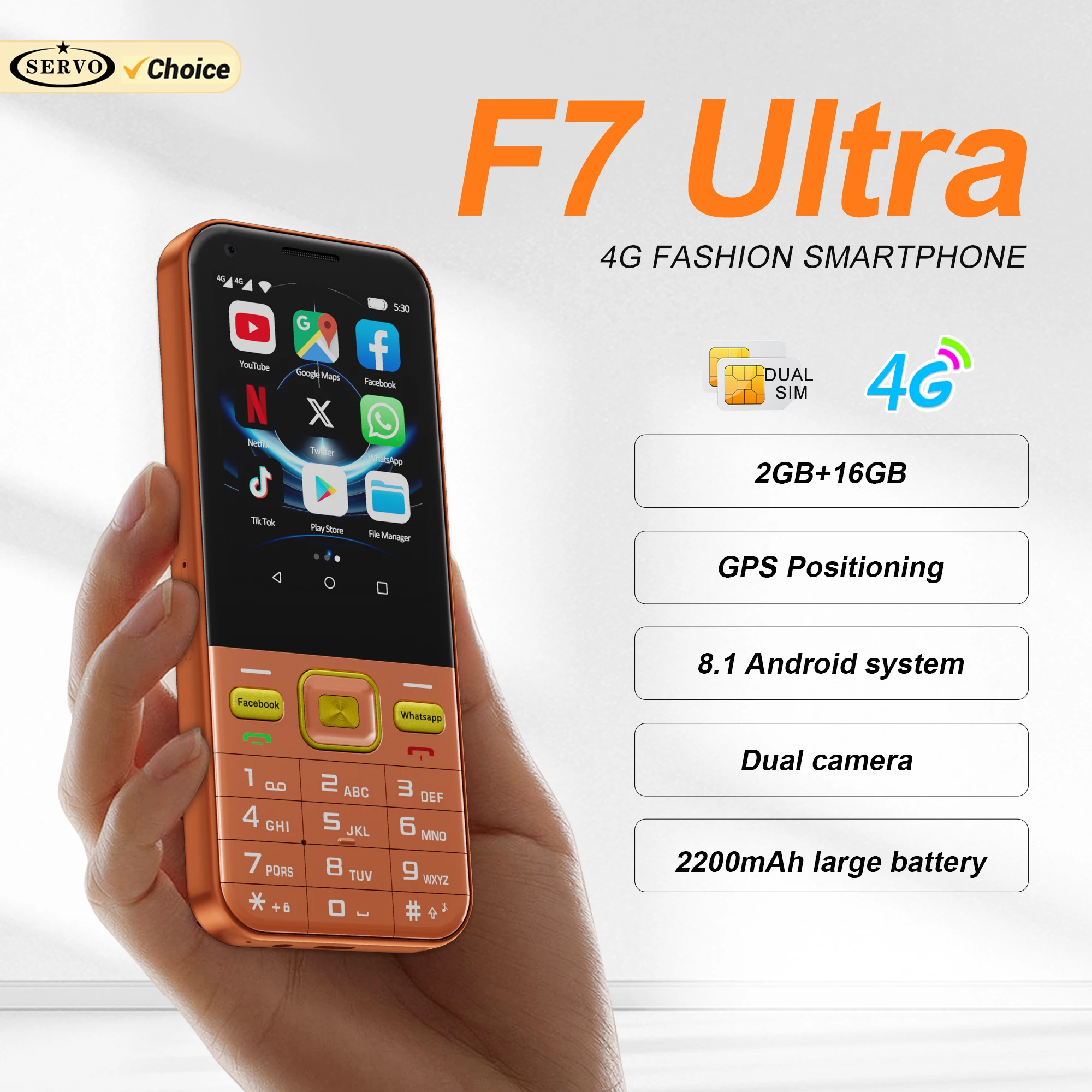 SERVO F7 ULTRA 4G Smartphone 2GB+16GB Android OS WhatsAPP Google Play WiFi Touch Display Button Smart Mobile Phone 2 SIM Standby