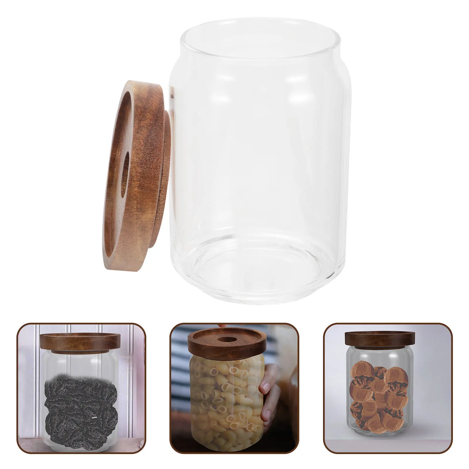 Premium Airtight Glass Sealed Jar Wood Lid for Tea Coffee Dried Fruit Snacks Cat Food Sugar Flour Grains Kitchen Storage
