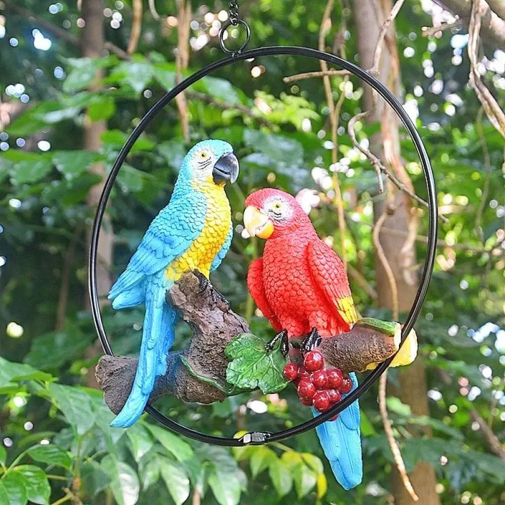 Decorative Iron Ring Macaw Parrot Hanging Craft Vibrant Resin Tropical Bird Statue For Backyard Garden Lawn Landscape Decor