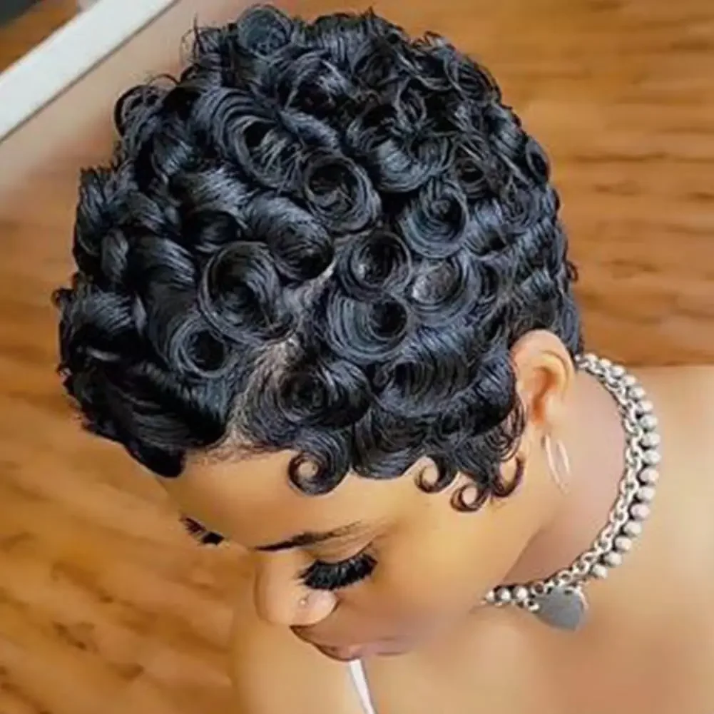 Black Women Short Curly Afro Pixie Wig Synthetic Heat Resistant Short Pixie Cut Wig Black Color Fashion Daily Full Head Hair Wig