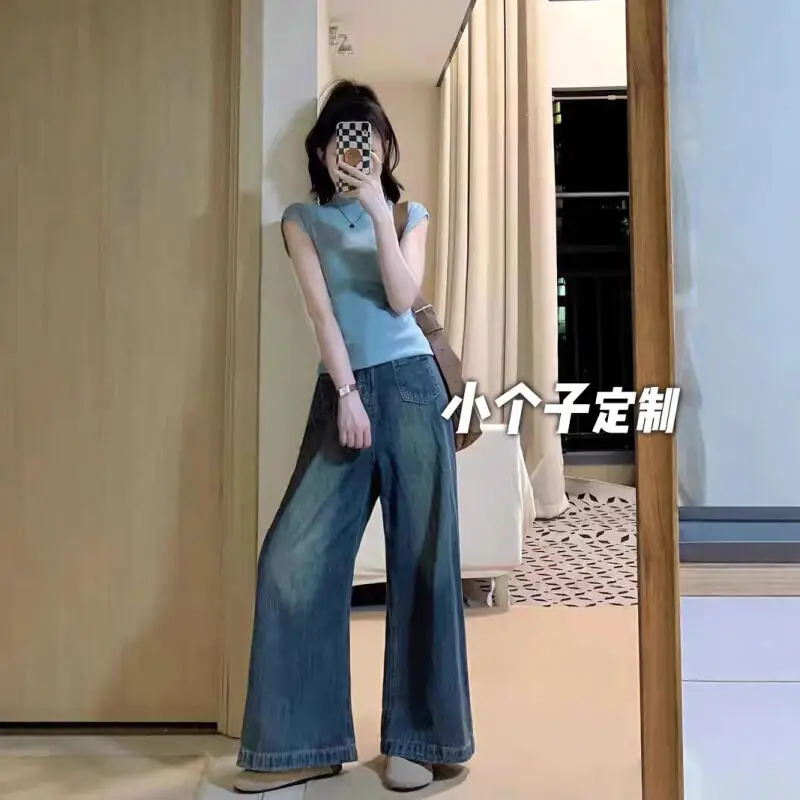 

Shorty Loose Jeans Student Retro Floor Pants Leisure High Waist Straight-Leg Pants Spring Autumn New Girl Bell-Bottoms Wholesale