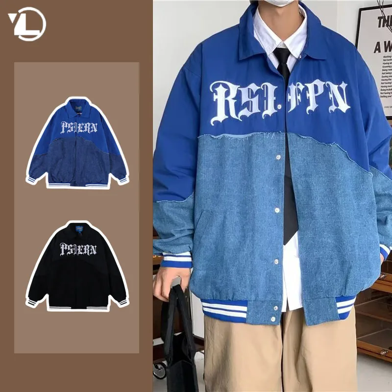 

Korean Street Fashion Mens Denim Jacket Vintage Patchwork Embroidery Loose Cowboy Coats Casual Unisex Baseball Jersey 2024