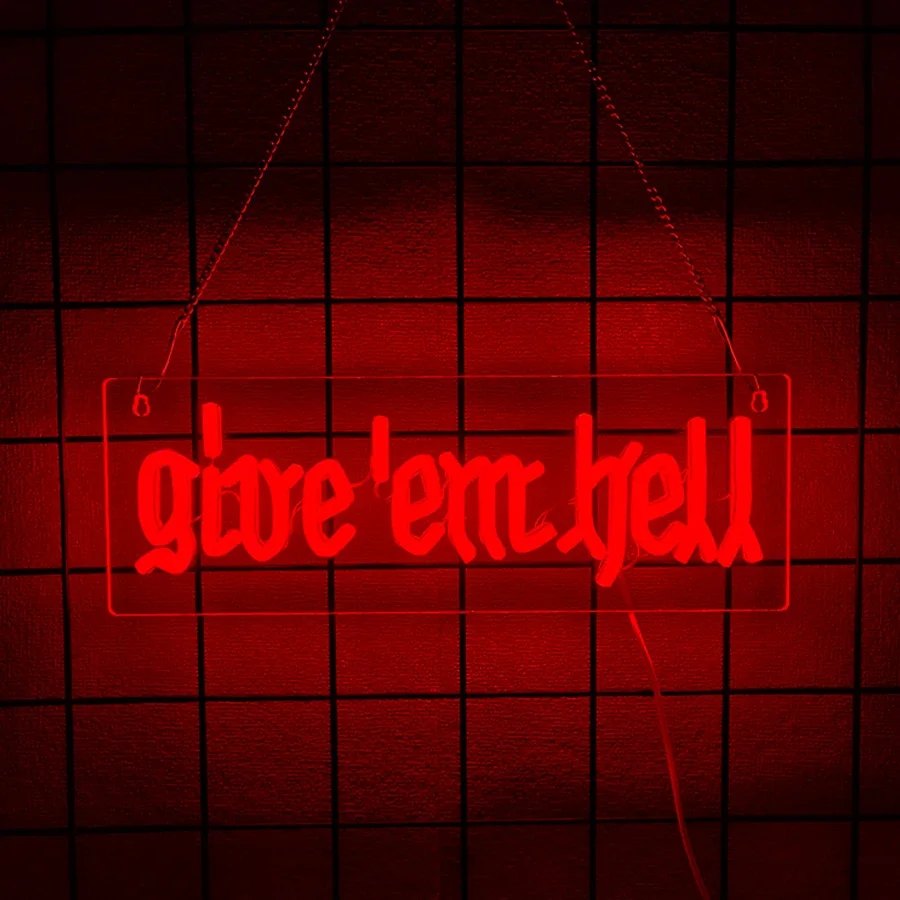 علامة Give Em Hell النيون لديكور الحائط، موضوع شقة النوم، ديكور حفلات المنزل القوطي للرجال الكهف، البار، غرفة الألعاب، تعمل بمنفذ USB #3
