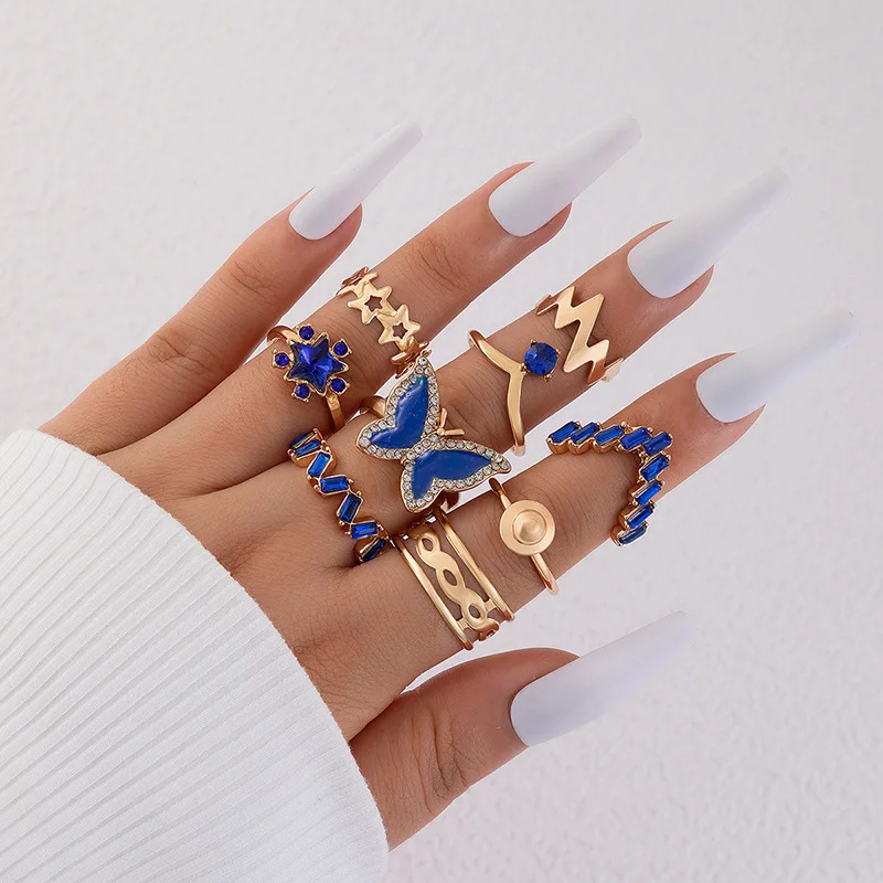 New Crystal Geometric Kunckle Ring Set For Women Colorful Rhinestone Heart Butterfly Snake Wedding Finger Ring Boho Jewelry