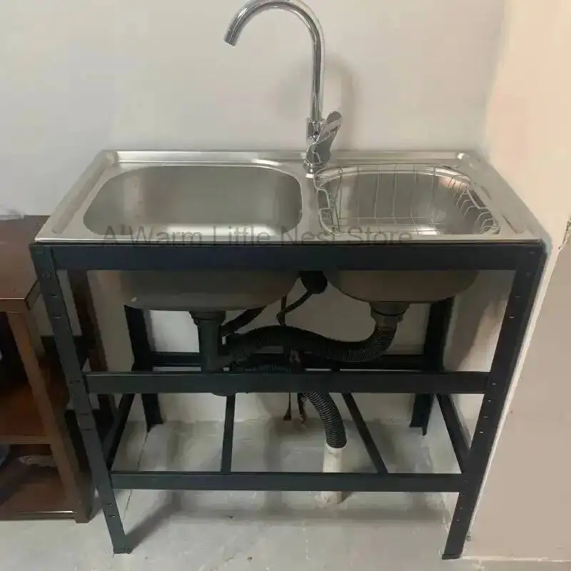 Dishwashing Floor-standing Home Sinks Thickened Kitchen Single Sinks with Bracket Stainless Steel Double Slot Basin with Shelf