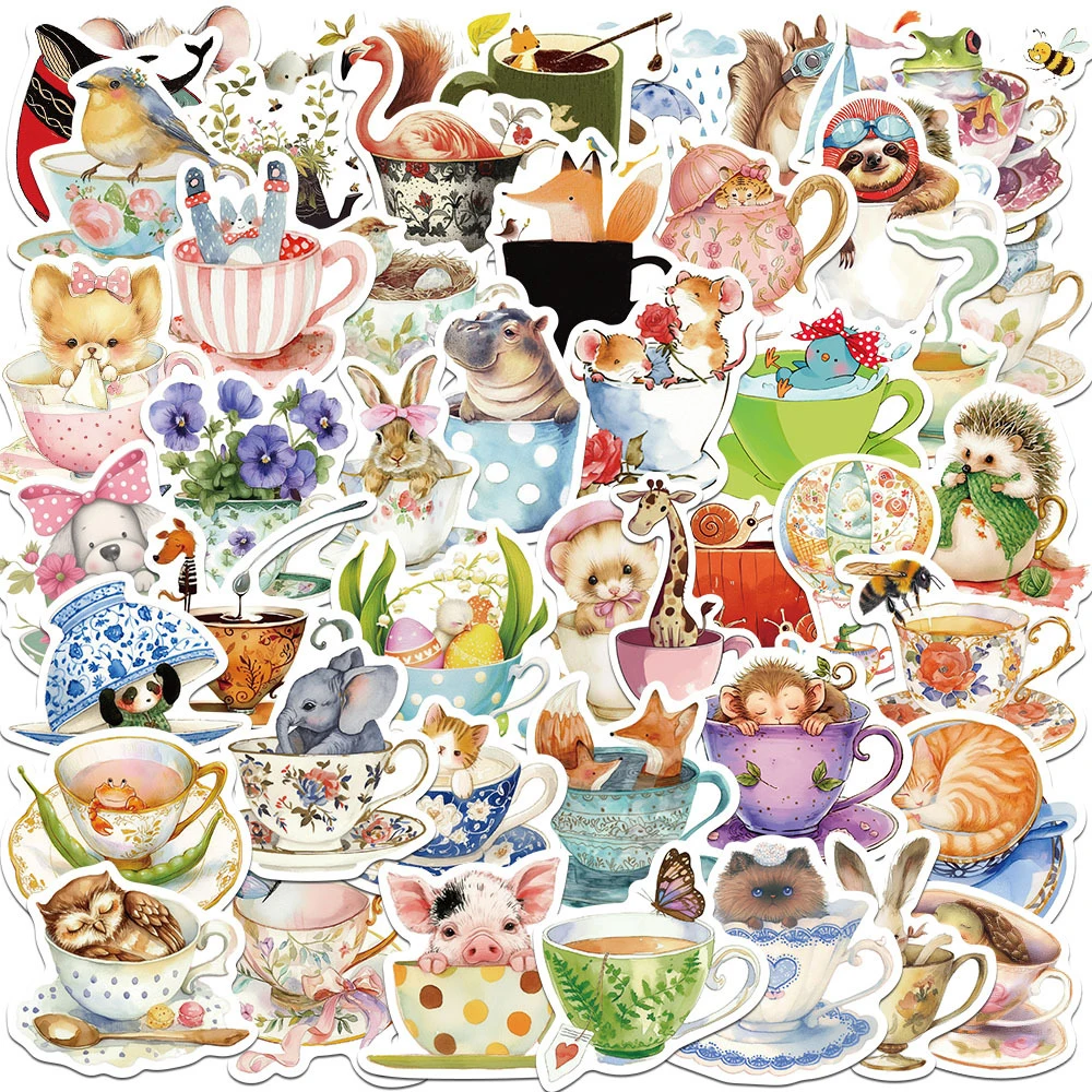 10/30/50pcs Cute Cup Animals Stickers Elephant Rabbit Cartoon Aesthetic Decals Graffiti Phone Laptop Kawaii Decoration Sticker
