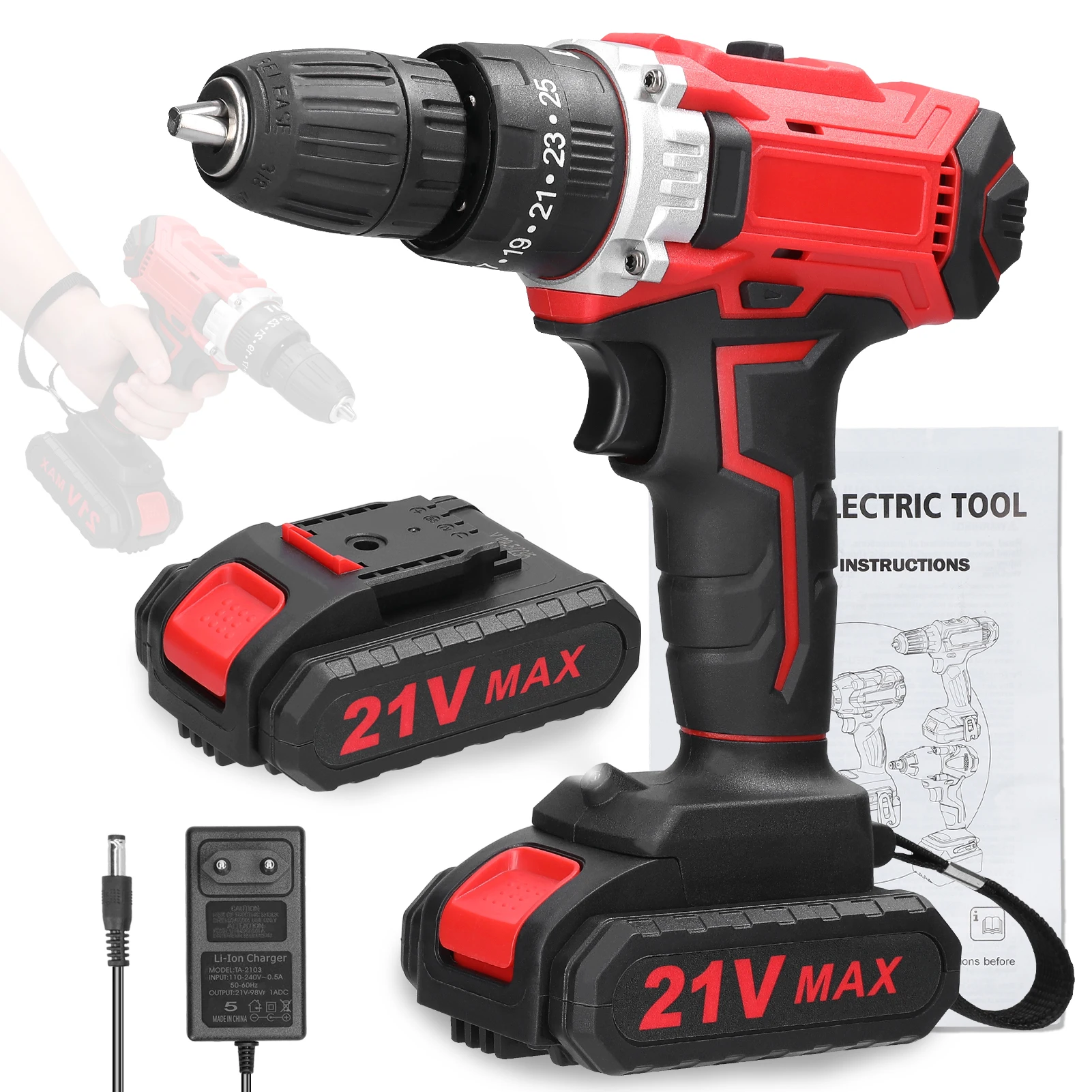 21V Electric Drill Brush Motor 2 Speeds Control Stepless Speed Regulation Rotation Ways Adjustment 25 Gears of Torques Drill