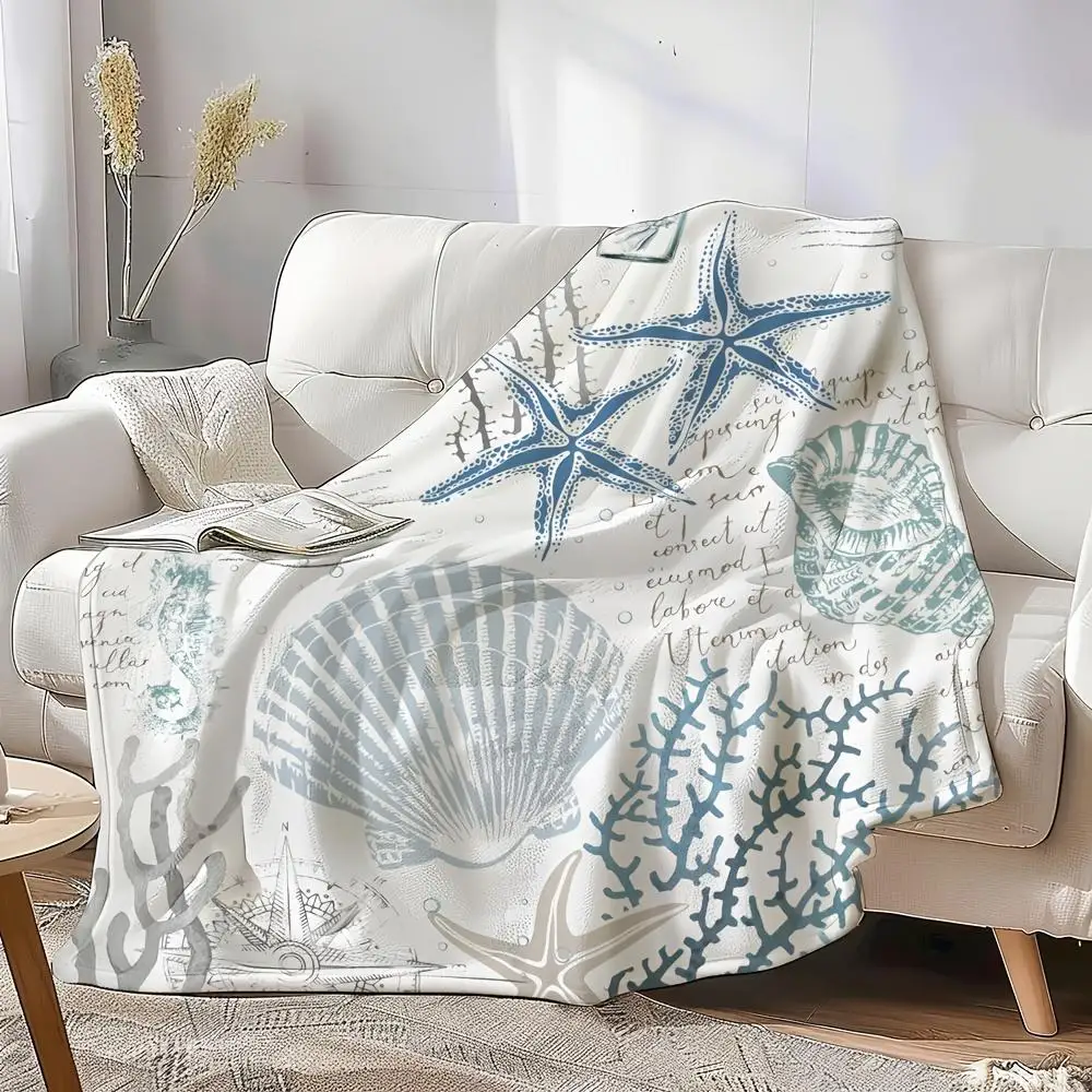 Vintage Nautical Starfish & Shell Blanket - Hypoallergenic Polyester Plush Throw, Lightweight Blue & Cyan Coral Reef Desi