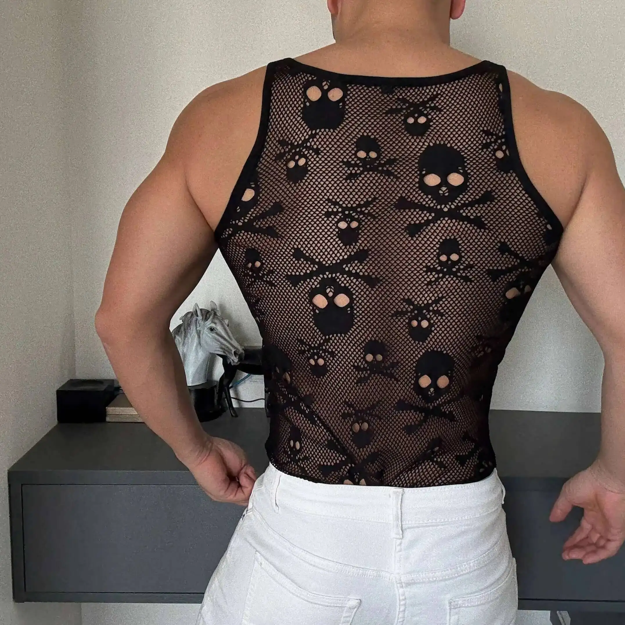 Summer black skull see through men  fitness Ttank top Ultra thin sexy plus size knitted t shirt streetwear