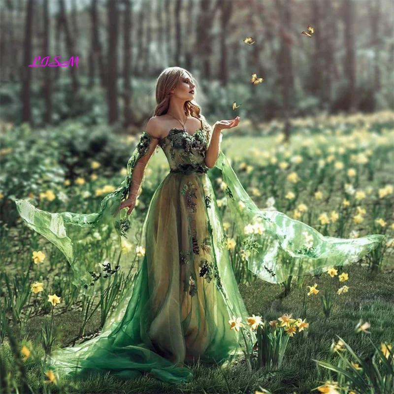 

Emerald Green Prom Dresses Pretty Floral Tulle Evening Gowns Elegant Long Sleeves Sweetheart Jungle Fairy Dress