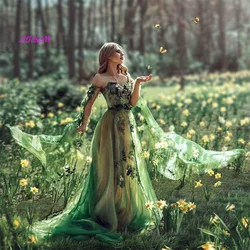 Emerald Green Prom Dresses Pretty Floral Tulle Evening Gowns Elegant Long Sleeves Sweetheart Jungle Fairy Dress