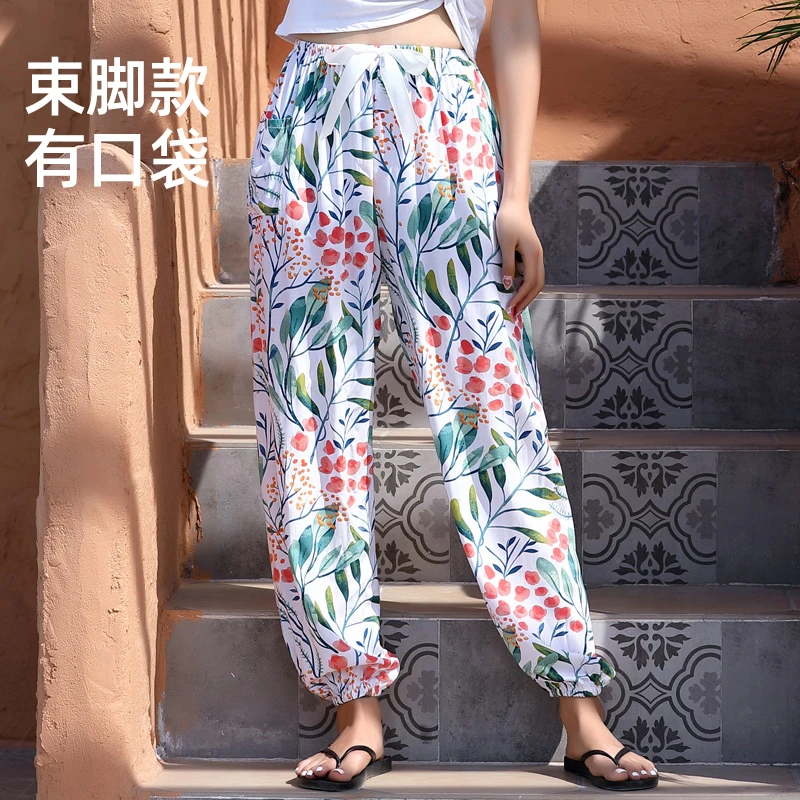 Summer Cotton Silk Sleepwear High Waist Long Pants Artificial Cotton Beach Mosquito Proof Home Leisure Comfortable Women's Pants